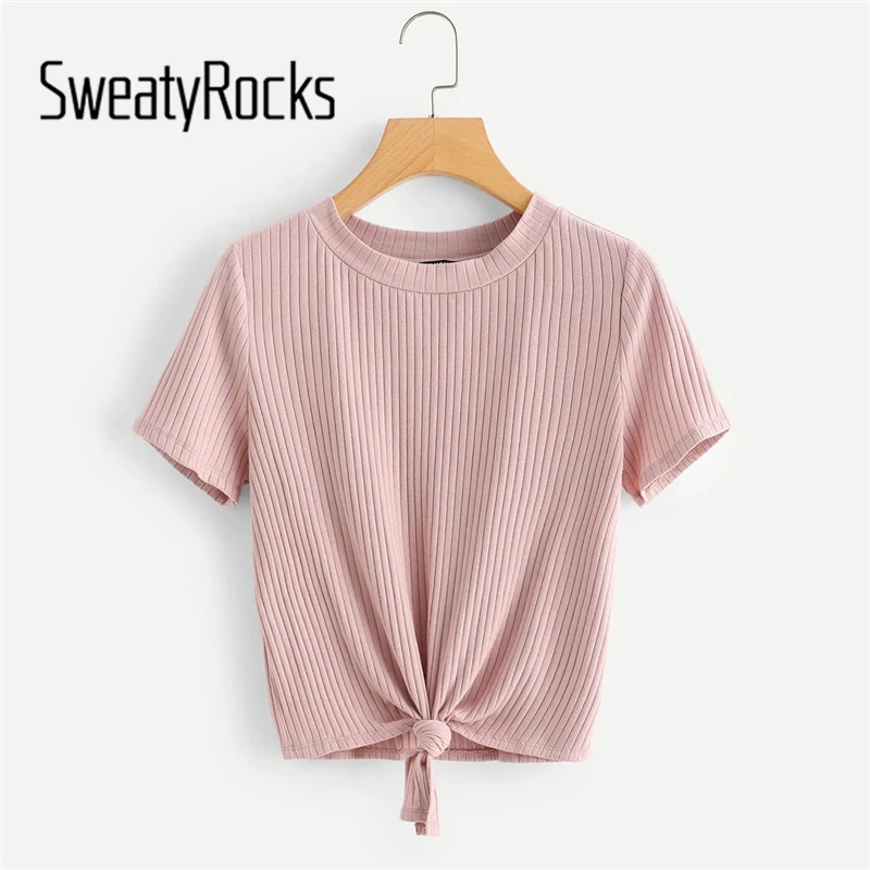 SweatyRocks неоновая цветная футболка с узлом спереди, стильная модная эластичная футболка, летняя повседневная женская желтая футболка и топы