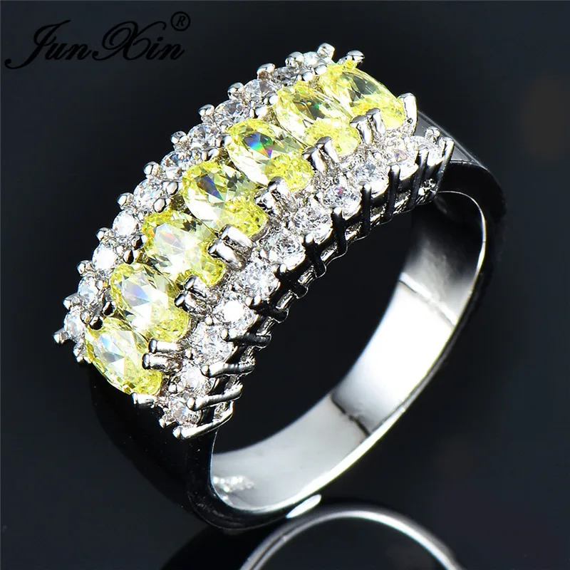 Apple Green Ring JUNXIN женский многоцветный Циркон Радуга огонь кольца с камнем рождения для женщин 10KT белый золотой заполненный овальный камень розовый/кольцо с синим кристаллом - Цвет основного камня: Apple Green Ring