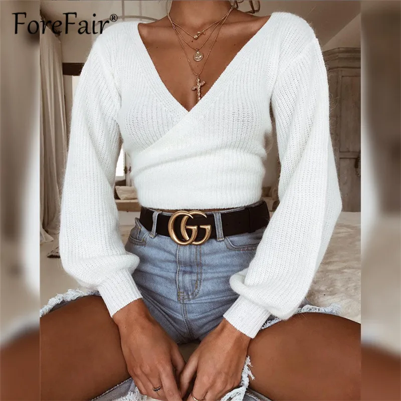 Kopen Forefair 2018 Winter Wit Wrap Gebreide Trui En Truien Crop Top Vrouwen Lange Mouw V Hals Strik Bandage Trui