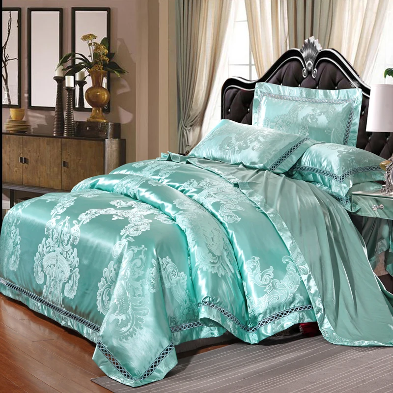 

Water Green European Style Jacquard Bedding Silk Cotton Blend Queen King Size 4pcs Duvet Cover Flat Sheet Pillow Case