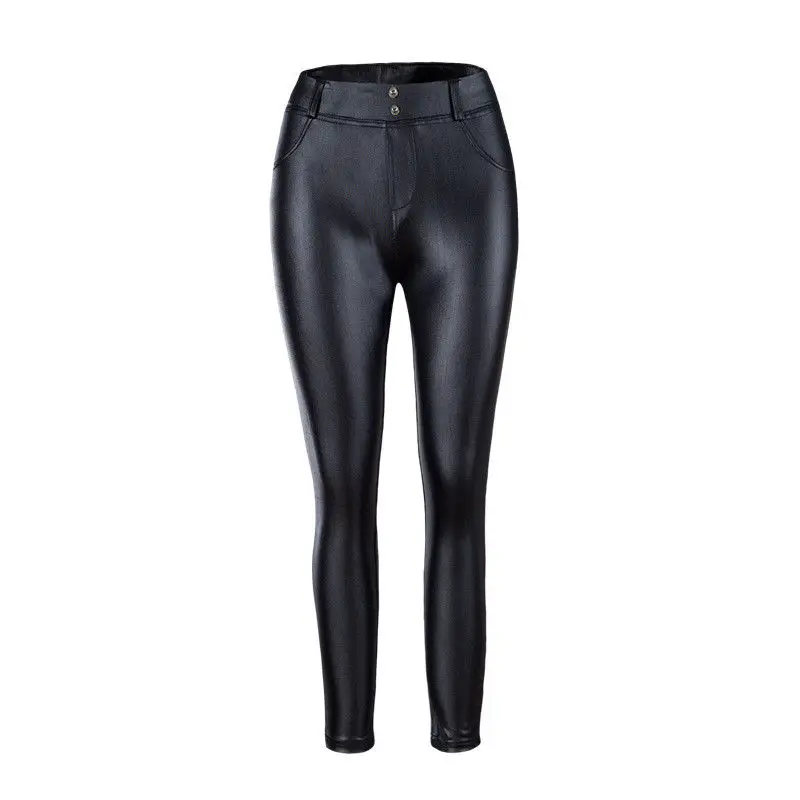 

2018 Newly Fashion Women Ladies PU Leather Black Skinny Pocket Elastic Waist High Waist Pencil Pants