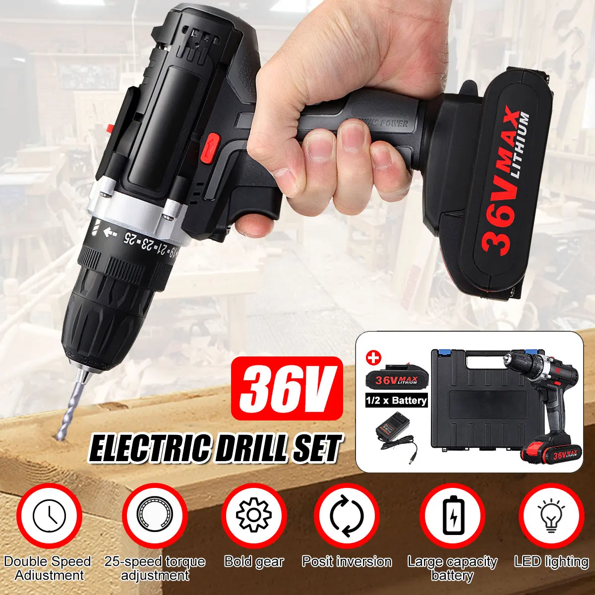 

36V 5000mAh Cordless Electric Drill Rechargeable Battery Double Speed LED Screwdriver 25-Speed Torque Adjustment