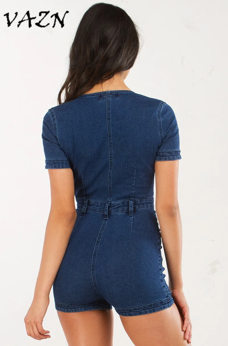 VAZN популярный модный популярный сексуальный стиль женский джинсовый комбинезон с v-образным вырезом короткий рукав бант Облегающий комбинезон D8139