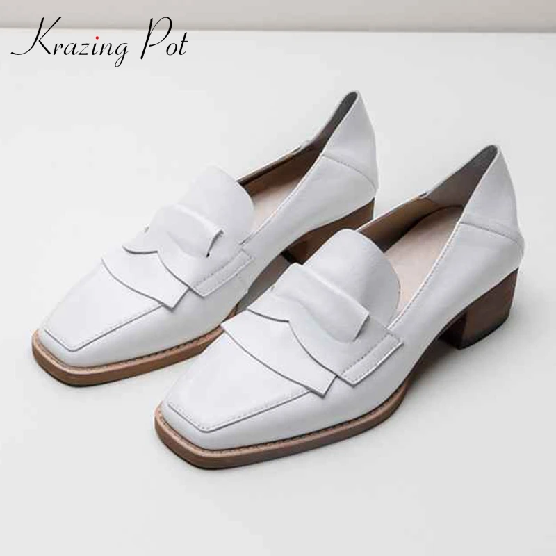 

Krazing pot 2019 full grain leather square toe slip on mature lady solid color concise British school Autumn med heels pumps L89