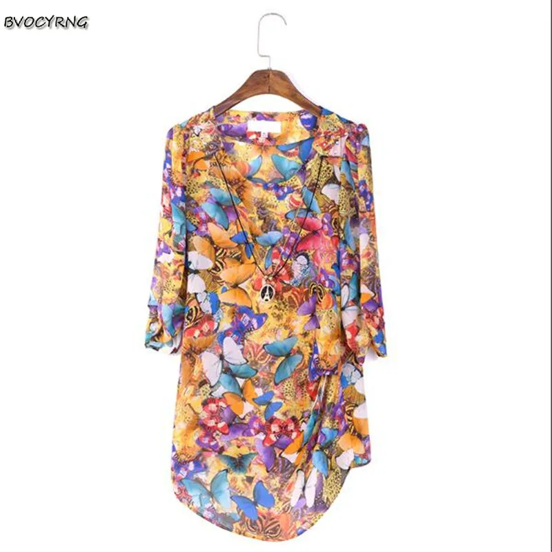 

summer fashion woman blouses 2018 Half sleeve O-Neck print women's blouse clothing Middle-aged Plus size chiffon shirt B0110