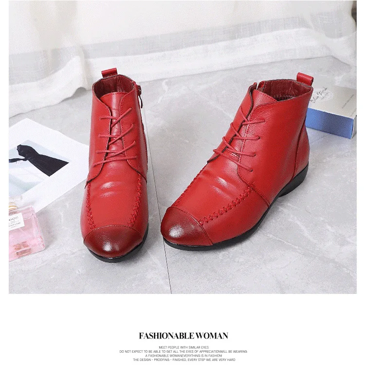 OUKAHUI/ г.; зимние ботинки с острым носком; женская обувь из натуральной кожи на плоской подошве; обувь на низком каблуке ручной работы; плюшевые теплые полусапожки; женская зимняя обувь; Цвет Красный