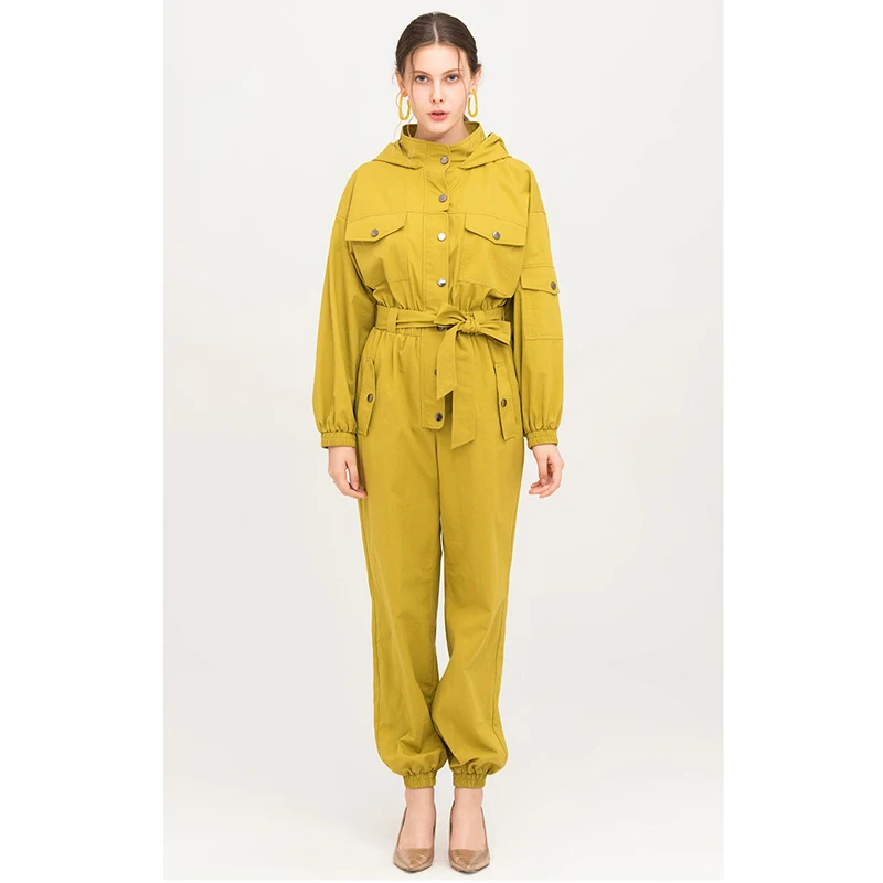 yellow cotton jumpsuit autumn winter hooded long sleeve elastic waist button up ribbed trousers long jumpsuit one piece overalls
