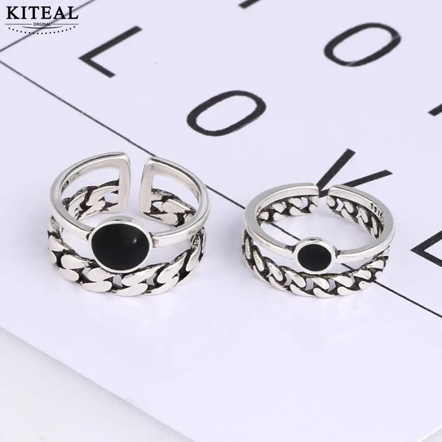 

KITEAL Punk Thai Silve color adjustable ring for women round Black epoxy Ring anel masculino accessories for jewelry S-R288