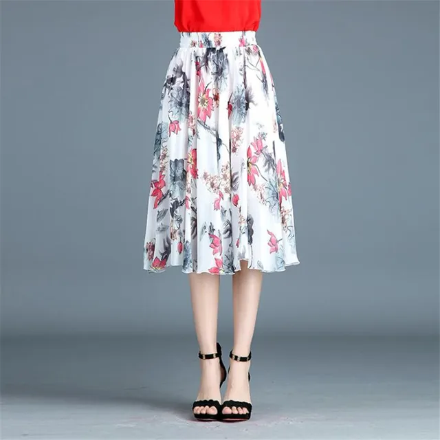 Summer Spring Women Chiffon Floral Printing Midi Skirt Elastic Waist ...