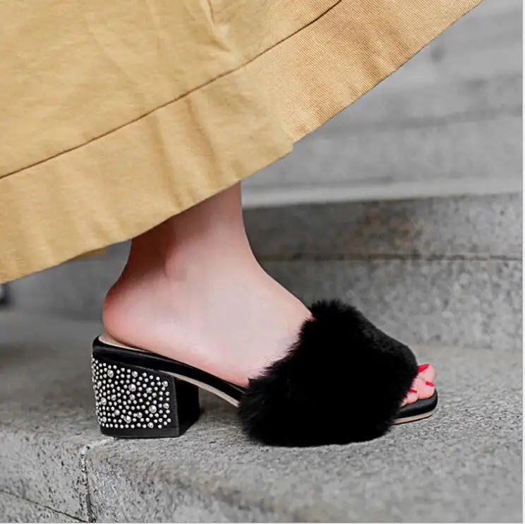 

slippers fur women outdoor sandals slide on shoes woman feather slippers party shoes summer female zapato de mujer crystal heels
