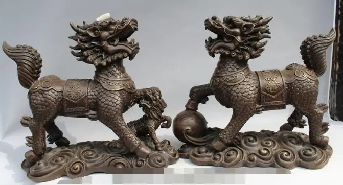 

S2777 11"Chinese Pure Bronze Guardian Beast Animal PiXiu kylin Unicorn Statue Pair
