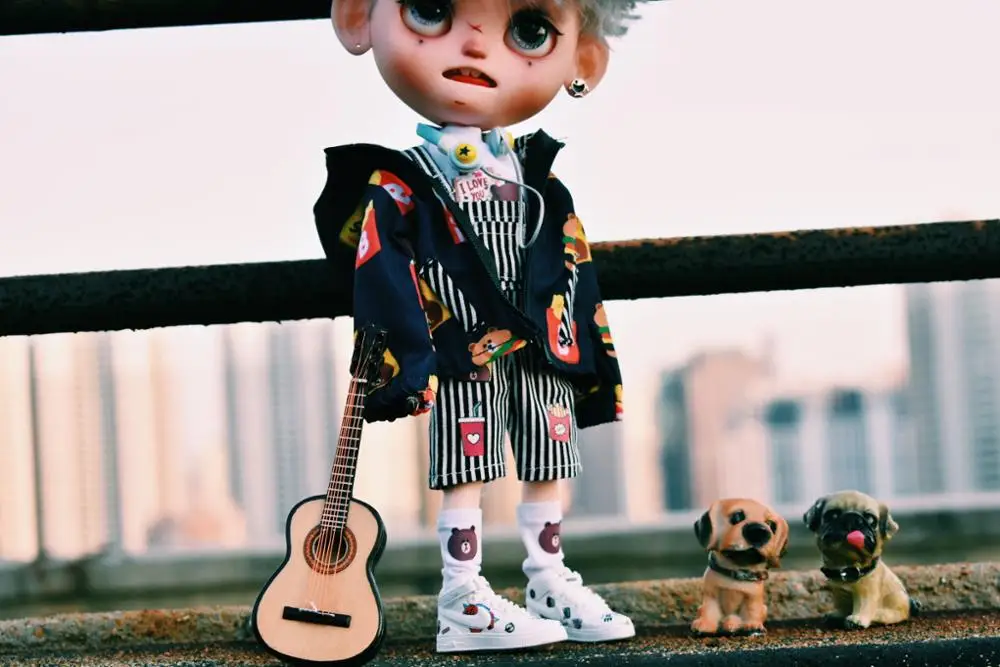 

4pcs/set Fashion Sport Suit Cool bear print clothes stripe bib pants for blyth ob24, 1/6 BJD Dolls accessory clothes for dolls