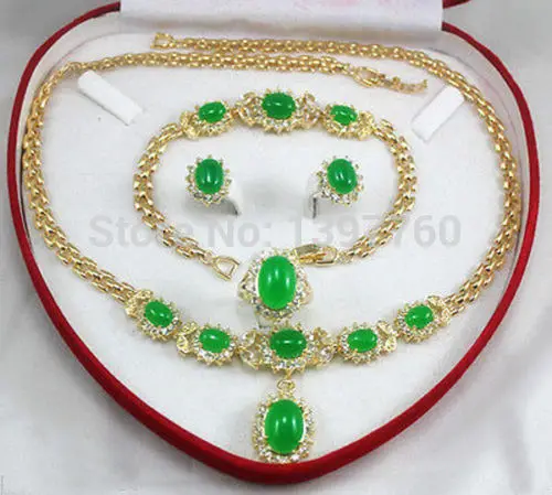 

FREE SHIPPING>>> Miss charm Jew.173 women's jewelry green jade Earring Bracelet Necklace Ring(No box) jewelry set Natural jewel