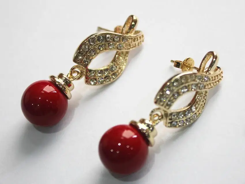 

latest fashion lady's nicest 18KGP with crystal plated leave shape +12mm red pearl bread earring -Top quality free shipping