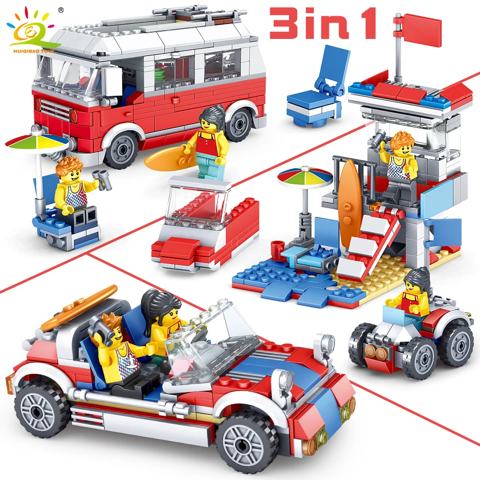 

374PCS 3Style RV Camping Bus Building Blocks Compatible Legoed City Beach Fale Transform Vehicle Bricks Educational Toys Friends