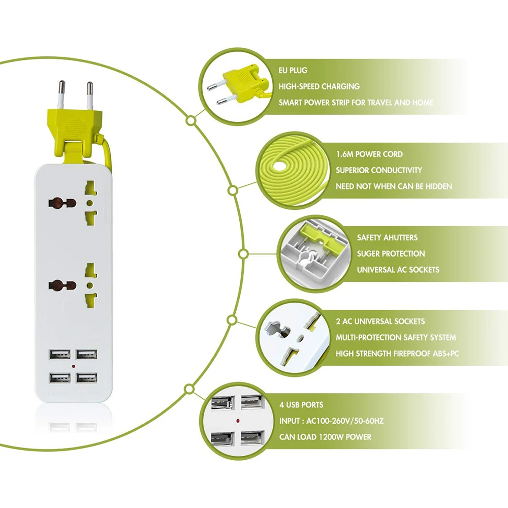 Rdxone удлинитель Портативный ЕС-разъем, для поездок силовая полоса стабилизатор напряжения с 4 USB Смарт зарядное устройство стены