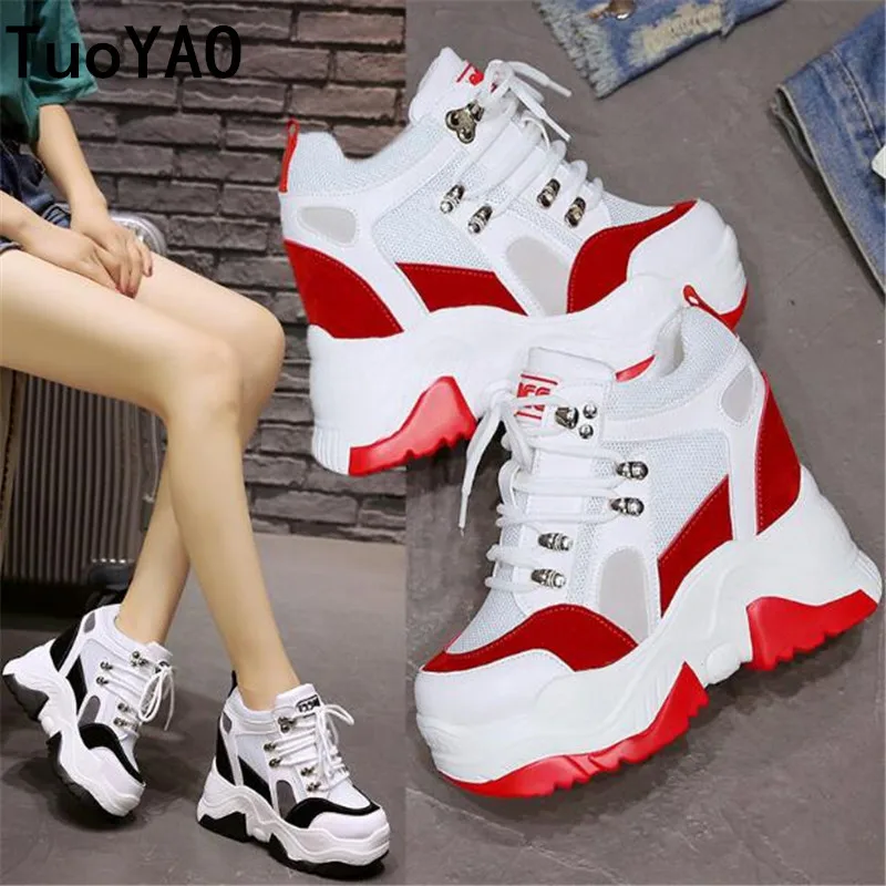 

2019 New Women Platform Casual Shoes Mesh Breathable Wedge Heels Shoes 10CM Autumn Thick Sole Sneakers Woman Deportivas Mujer