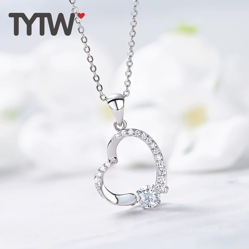 

TYTW S925 Sterling Silver Dancing Stone Necklace Heart Shape AAA Cubic Zircon Woman Lady Jewelry Gift Pendant Necklaces