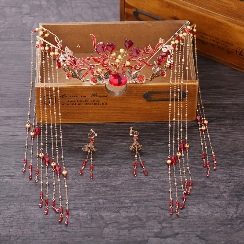 

New Chinese Style Bridal headwear costume red flowers dripping fringed brides head wear