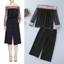 2017, Europe and the United States women’s fashion led a word gauze encryption yarn embroidered jacket + pants suit