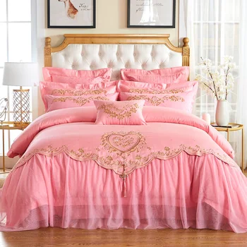 

Pink Red Lace Oriental Luxury Wedding Bedding set Queen/King size 4/6/10 Pcs Cotton soft Duvet cover bed sheet spread set Gifts