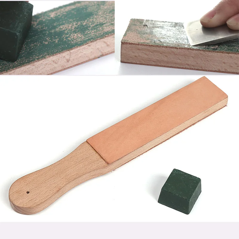 

WUTA Wood Handle Leather Sharpening Strop Knife Razor Polishing Board with Polish Compound 2 Sided Made From Veg Tanned Cowhide
