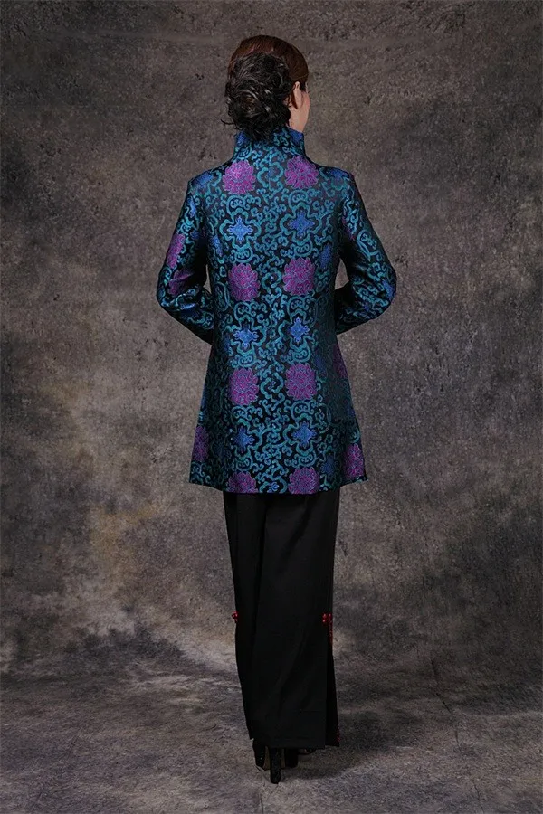 Скидка Синий китайский женский атласный длинный пиджак классический стиль v-образным вырезом Тан костюм печать однобортное пальто Размер S до 4XL