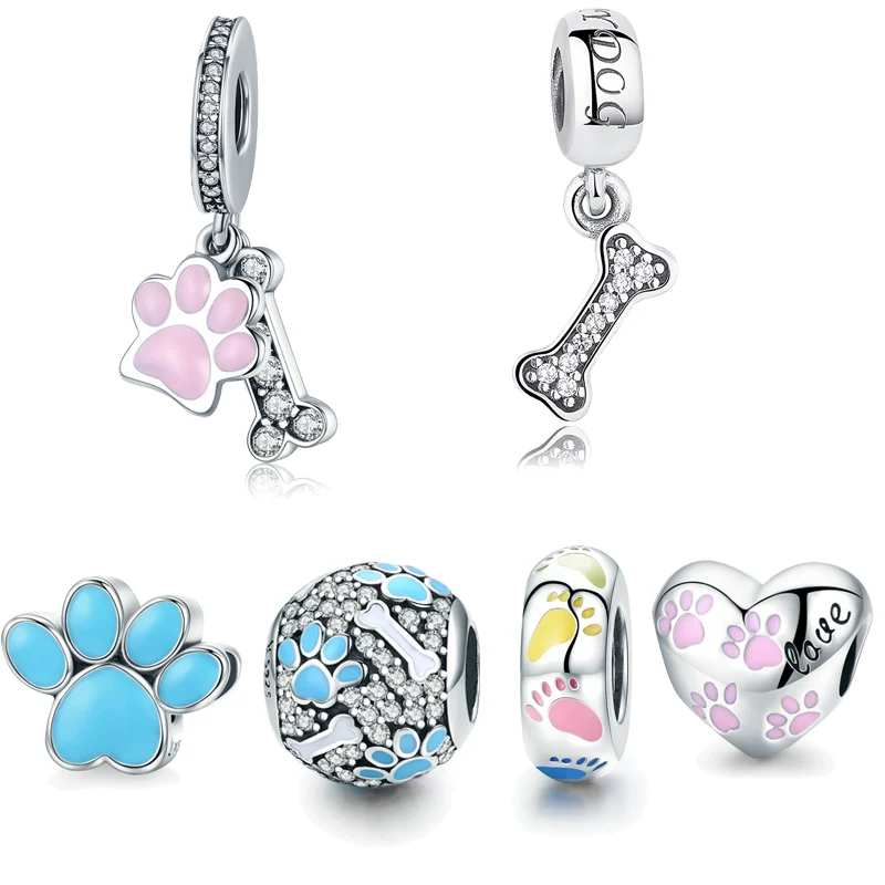 

SNS Unique Design 925 Sterling Animal Dog Footprint & Dog Bone Pendant Charm fit Original Pandora Bracelet DIY Beads Jewelry