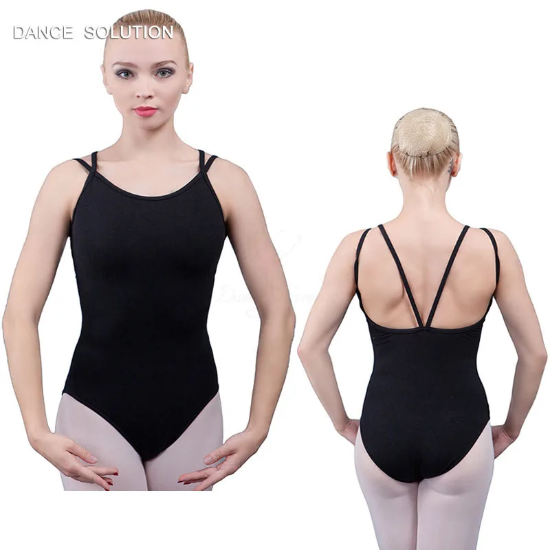 Double Strap Black Cotton Leotard for Adult Ballet Dance Practice
