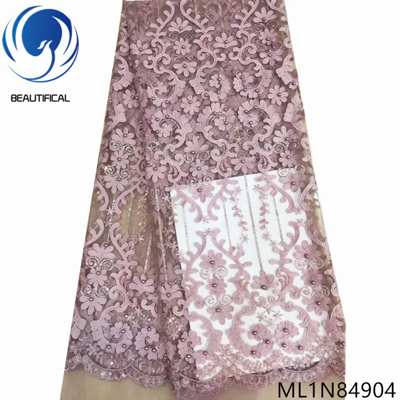 

Beautifical african lace fabrics 2019 New design sequins lace fabric with beads nigerian net lace fabric for wedding ML1N849