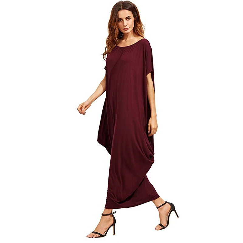 Boho Style loose Dress Women Solid Color Batwing Sleeve Mid Calf ...