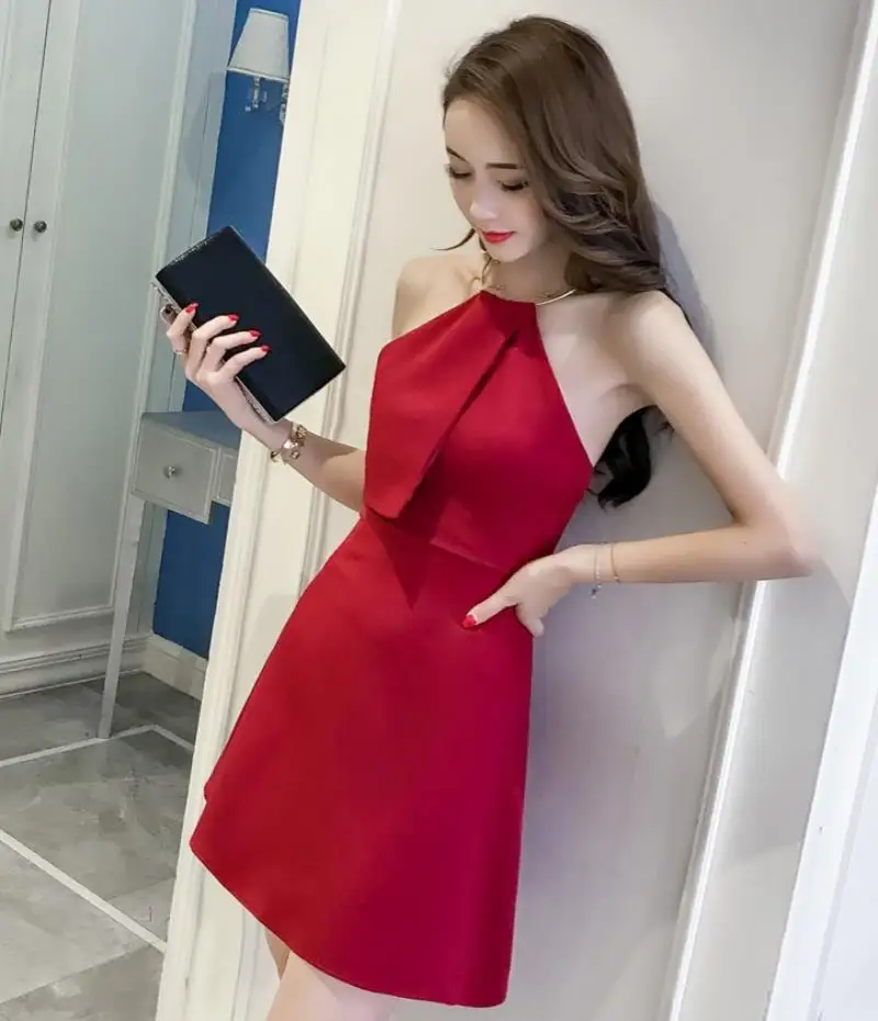 Summer new sexy back dress  metal ring hanging neck slim Asleeveless skirt 2018 Free Shipping