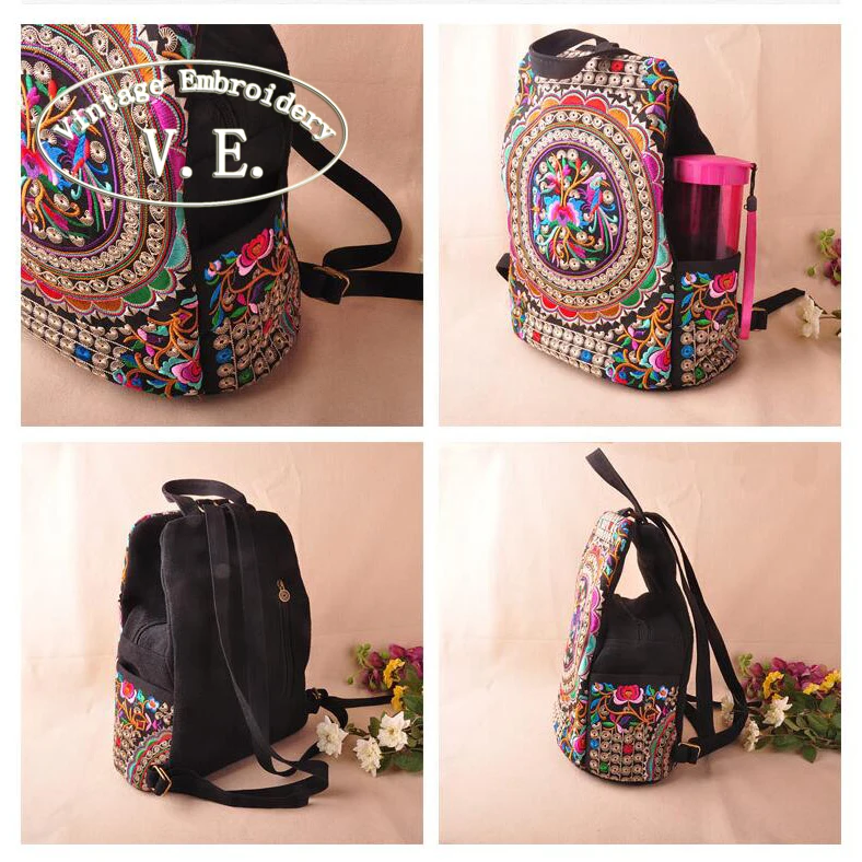 Mochila de lona étnica bordada Vintage para mujer hecha a mano con flores bordadas bolsas de viaje Mochila