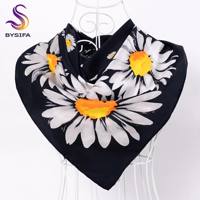 

[BYSIFA] Black Winter Scarves Wraps 90*90cm New Daisy Twill Square Silk Scarves China Fashion Neck Satin Scarves Black,Pink Blue