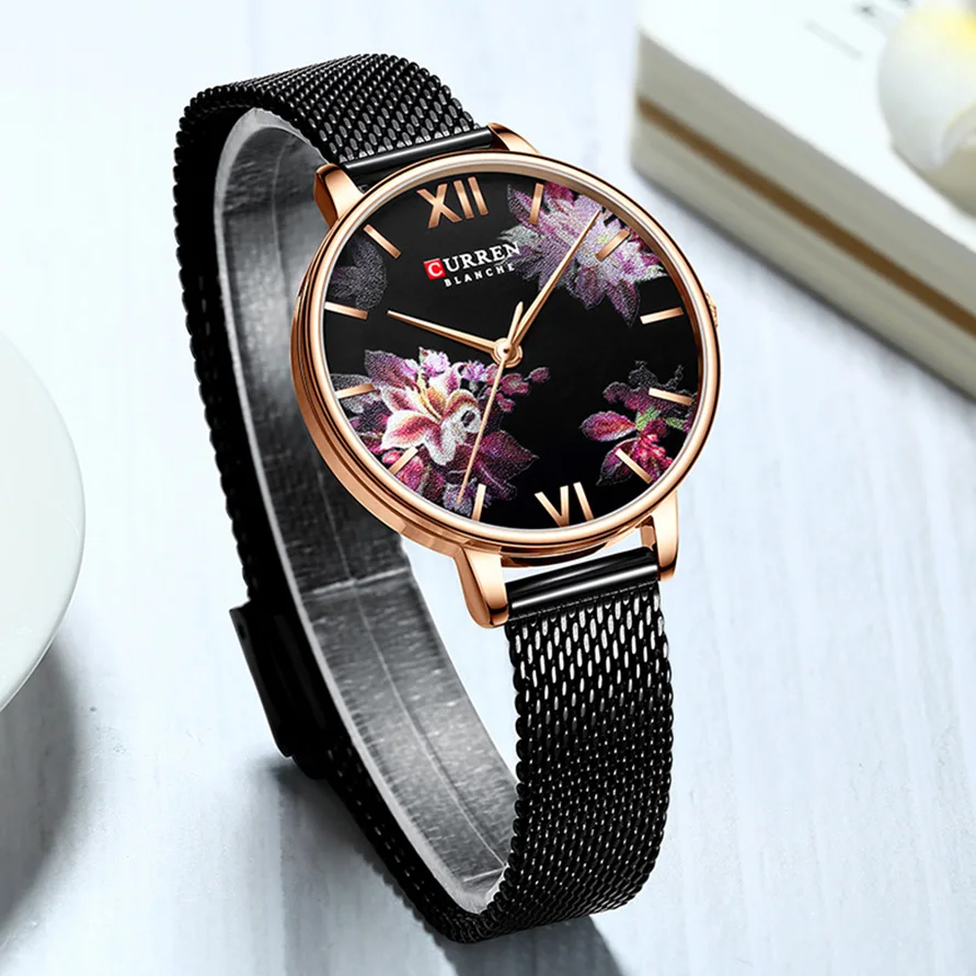 

CURREN Elegant Woman Watch 2019 Brand Luxury Black Flower Women's Wristwatch Ultra Thin Casual Ladies Watches With Mesh Strap