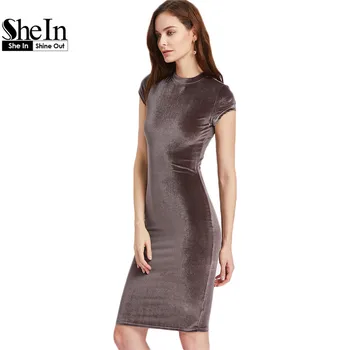 SheIn Women Brown Velvet Sheath Dresses Summer Ladies Round Neck Short Sleeve Knee Length Elegant Pencil Dress