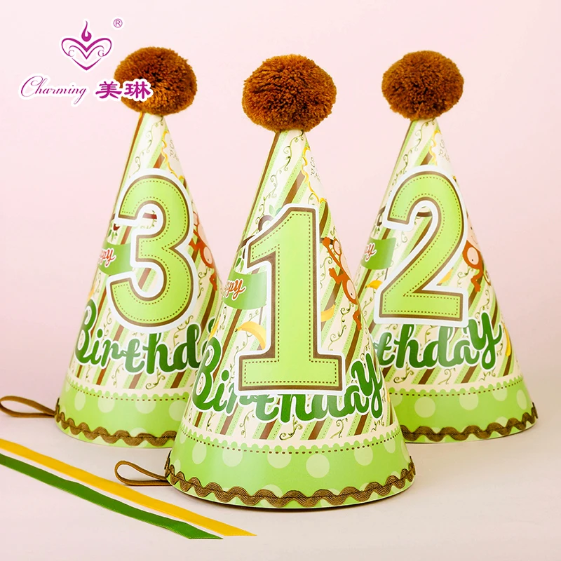 Green Color Baby Birthday Party Hat With Numbers (10 Piece/Lot With