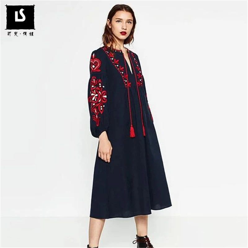 

Women Spring Autumn Vintage Casual A-line lantern sleeve Dress National style embroidery Loose Long Dresses Female Vestidos