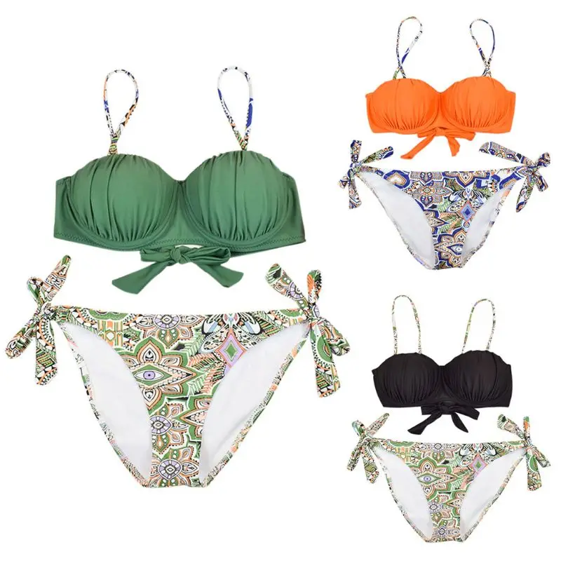 

Womens Sexy Two Piece Bikini Set Ruched Seashell Underwire Solid Color Bra Low Waist Side Tie Boho Floral Printed Thong Swimwear