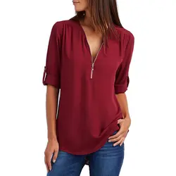 Большие размеры Женская однотонная Свободная шифоновая блузка 2018 Новая летняя v-образный вырез выдвижной длинный рукав рубашка