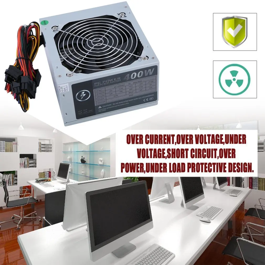 الألعاب PC امدادات الطاقة 20Pin ماكس 650 W الفعلية 400 W 110 V كمبيوتر مكتبي PC امدادات الطاقة واحدة التبريد مروحة