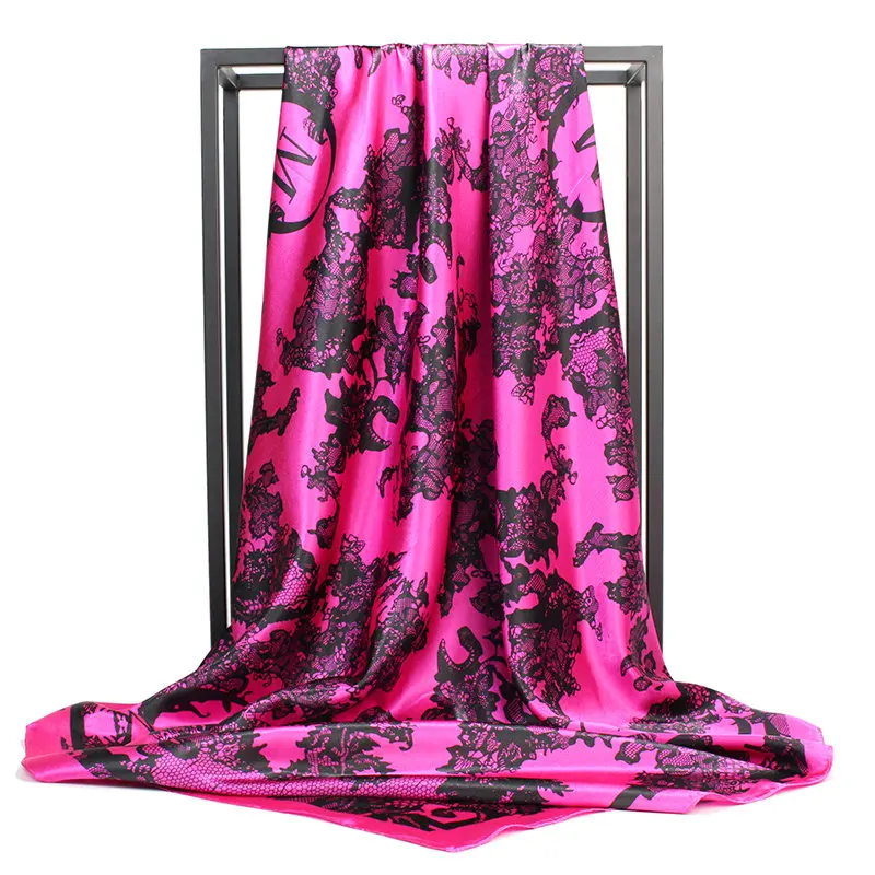 O CHUANG Fashion Silk Scarf Black Flower Print Large Luxury Brand Wraps Shawl Head Foulard Soie Square Women Scarves 90X90 - Цвет: C3