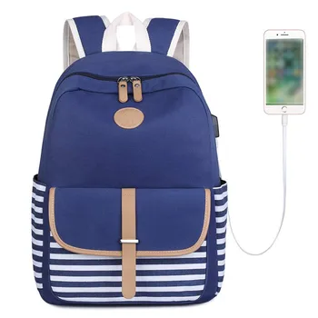 

Backpack Women Large Capacity Fashion Simple School Backpack Girl Ladies Striped School Backpack With USB Interface Bag K417