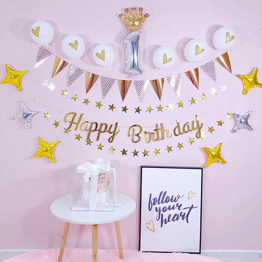 

Happy Birthday Banner Tringular Flags Balloons Birthday Bunting Summer Party Decor Happy Birthday Decoration Set Rose Gold