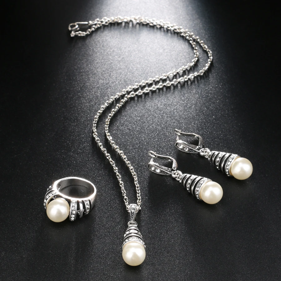 Комплект из колье серёг и кольца серебристого цвета|jewelry sets for women|pearl jewelry setwedding |