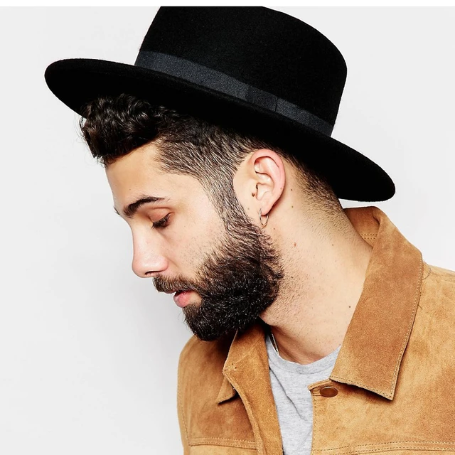 Fashion Wool Boater Flat Top Hat For Men's Felt Wide Brim Fedora