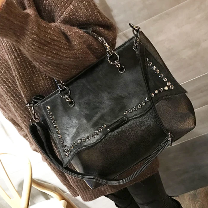  Natural Horse Hair Handbag Female Luxury Street Style Rivet Black Crossbody Bag for Women Pu Leathe - 32999112408