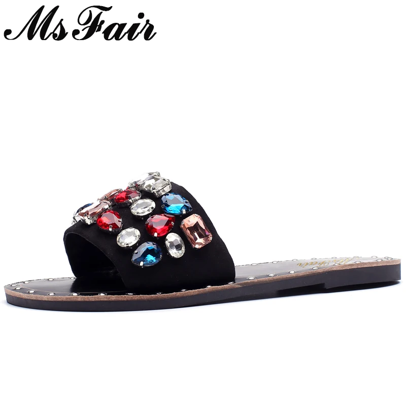 

MsFair Round Toe Flat Women Sandals Fashion Crystal Metal Decoration Colorful Sandals 2018 Summer Sexy Concise Women's Sandals