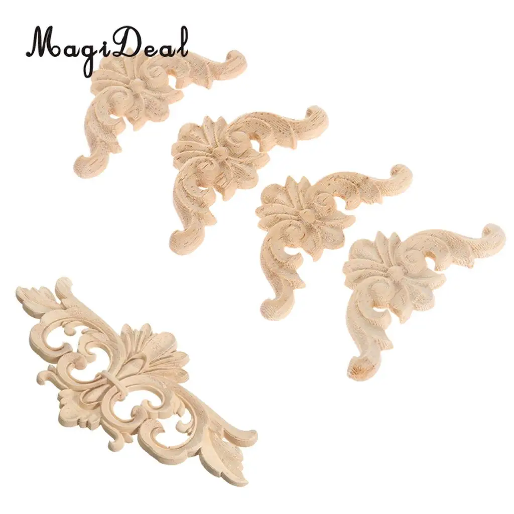 5pcs Vintage Wood Carved Decal Corner Onlay Applique Frame Furniture Wall Unpainted for Cupboard Cabinet Door Decor Art Crafts