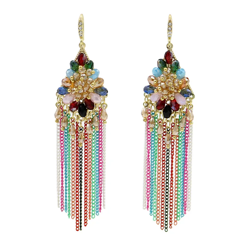 5 Colors Crystal Beads Long Tassel Earrings Rhombus Shape Dangle Drop